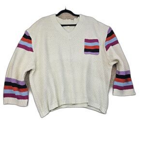 POL Chunky Knit Oversized V-Neck Sweater Cream With Stripes Women's Large NWOT